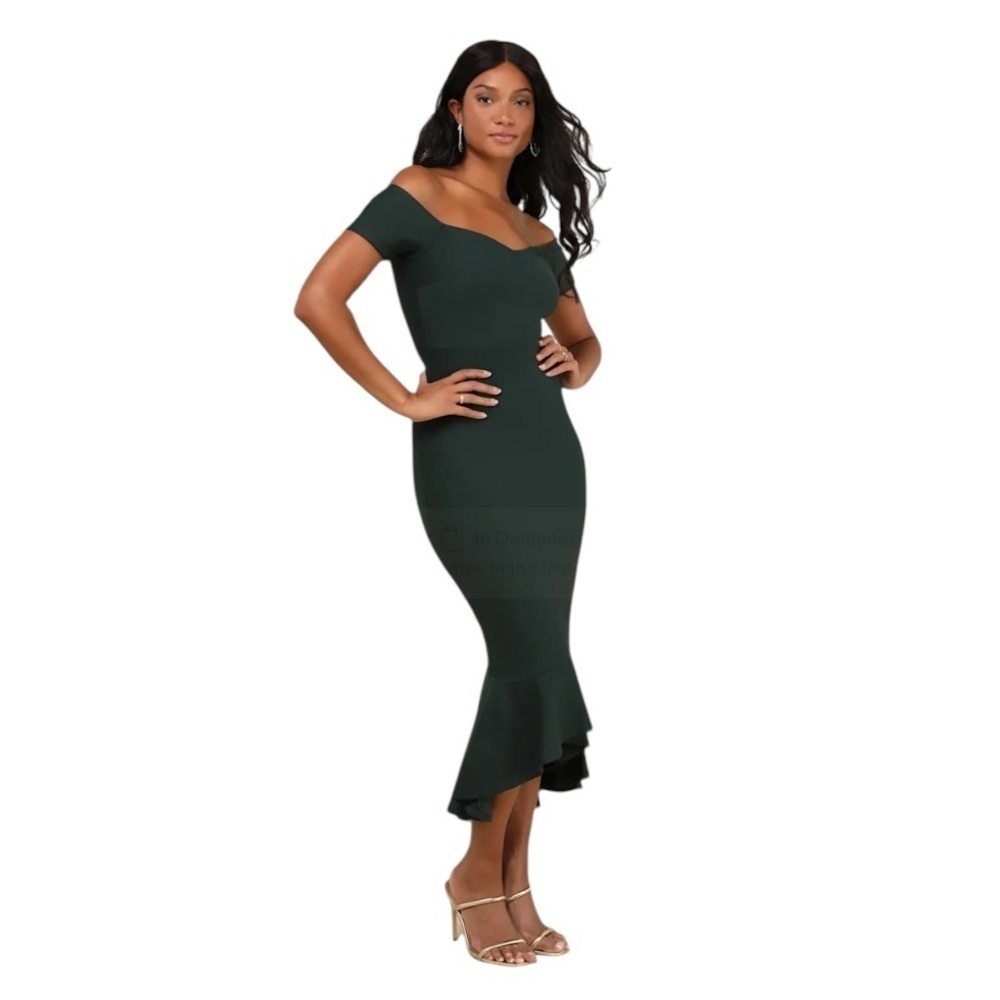 NEW Lulus How Much I Care Dark Green Off-the-Shoulder Midi Dress Sm #1577